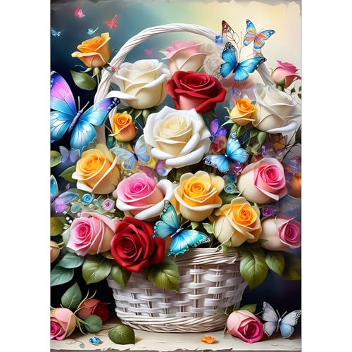 QQYRHN 5D Bunte Rosen Diamond Painting Kit für Erwachsene Anfänger Schmetterling Diamant Kunst Kits Vollständiges DIY Blumenkorb Diamantstickerei-Set Perfekt zur Entspannung und Dekoration 30x40 cm von QQYRHN