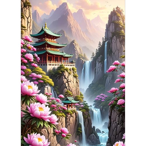 QQYRHN 5D Dachboden Architektur Diamond Painting Kit für Erwachsene Anfänger Blumen Diamant Kunst Kits Vollständiges DIY Wasserfall Diamantstickerei-Set Perfekt zur Entspannung und Dekor 30x40 cm von QQYRHN