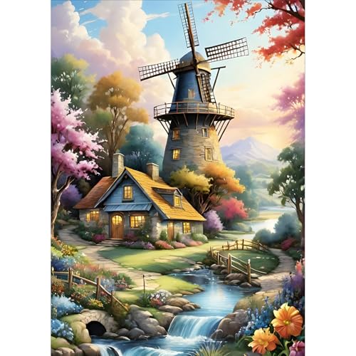 QQYRHN 5D Dorfkulisse Diamond Painting Kit für Erwachsene Anfänger Windmühlen Diamant Kunst Kits Vollständiges DIY Fluss Diamantstickerei-Set Perfekt zur Entspannung und Dekoration 30x40 cm von QQYRHN