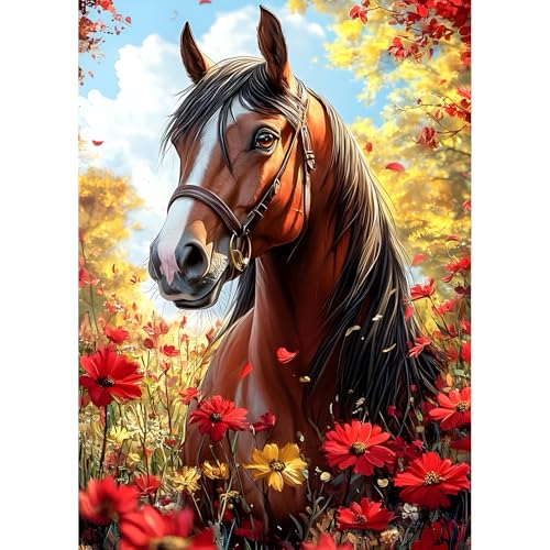 QQYRHN 5D Fantasie Pferd Diamond Painting Kit für Erwachsene Anfänger Rote Blumen Diamant Kunst Kits Vollständiges DIY Pferd Diamantstickerei-Set Perfekt zur Entspannung und Dekoration 30x40 cm von QQYRHN