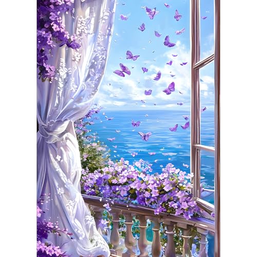 QQYRHN 5D Fenster Diamond Painting Kit für Erwachsene Anfänger Blumen Butterfly Diamant Kunst Kits Vollständiges DIY Seascape Diamantstickerei-Set Perfekt zur Entspannung und Dekoration 30x40 cm von QQYRHN