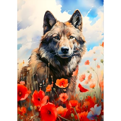 QQYRHN 5D Grauer Wolf Diamond Painting Kit für Erwachsene Anfänger Mohn Diamant Kunst Kits Vollständiges DIY Blumen Diamantstickerei-Set Perfekt zur Entspannung und Dekoration 30x40 cm von QQYRHN