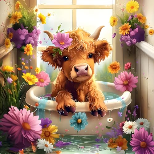 QQYRHN 5D Hochlandrind Diamond Painting Kit für Erwachsene Anfänger Badewanne Diamant Kunst Kits Vollständiges DIY Bunte Blumen Diamantstickerei-Set Perfekt zur Entspannung und Dekoration 30x30 cm von QQYRHN