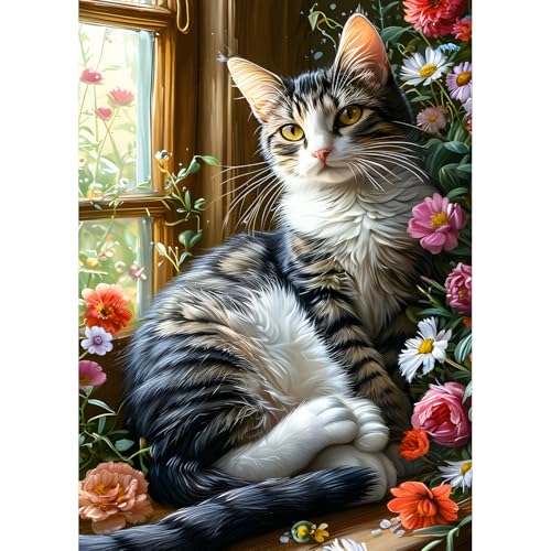 QQYRHN 5D Kätzchen Diamond Painting Kit für Erwachsene Anfänger Fenster Diamant Kunst Kits Vollständiges DIY Wildblumen Diamantstickerei-Set Perfekt zur Entspannung und Dekoration 30x40 cm von QQYRHN