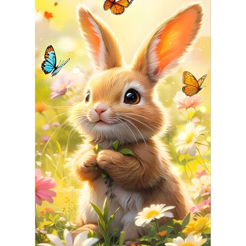 QQYRHN 5D Kaninchen Diamond Painting Kit für Erwachsene Anfänger Wildblumen Diamant Kunst Kits Vollständiges DIY Schmetterlinge Diamantstickerei-Set Perfekt zur Entspannung und Dekoration 30x40 cm von QQYRHN