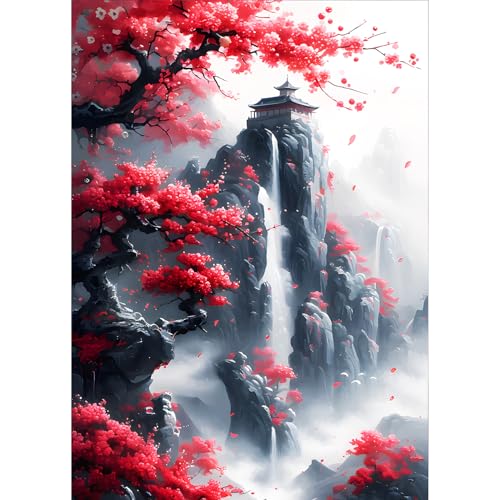 QQYRHN 5D Kirschblüte Diamond Painting Kit für Erwachsene Anfänger Berg Landschaft Diamant Kunst Kits Vollständiges DIY Wasserfall Diamantstickerei-Set Perfekt zur Entspannung und Dekoration 30x40 cm von QQYRHN