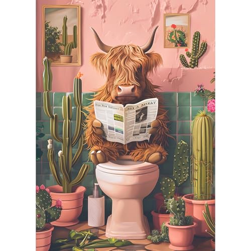 QQYRHN 5D Kuh beim Zeitungslesen Diamond Painting Kit für Erwachsene Anfänger Kaktus Diamant Kunst Kits Vollständiges DIY Toilette Diamantstickerei-Set Perfekt zur Entspannung und Dekoration 30x40 cm von QQYRHN