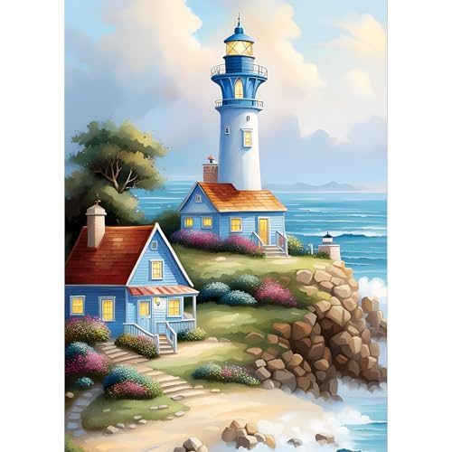 QQYRHN 5D Leuchtturm Diamond Painting Kit für Erwachsene Anfänger Ferienhaus am Meer Diamant Kunst Kits Vollständiges DIY Landschaft Diamantstickerei-Set Perfekt zur Entspannung und Dekor 30x40 cm von QQYRHN