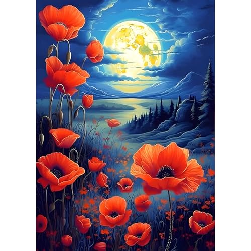 QQYRHN 5D Mohnblumen Diamond Painting Kit für Erwachsene Anfänger Mond Diamant Kunst Kits Vollständiges DIY Nachthimmel Diamantstickerei-Set Perfekt zur Entspannung und Dekoration 30x40cm von QQYRHN