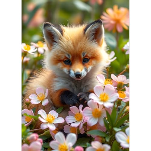 QQYRHN 5D Niedliche Füchse Diamond Painting Kit für Erwachsene Anfänger Wildblumen Diamant Kunst Kits Vollständiges DIY Füchse Diamantstickerei-Set Perfekt zur Entspannung und Dekoration 30x40 cm von QQYRHN
