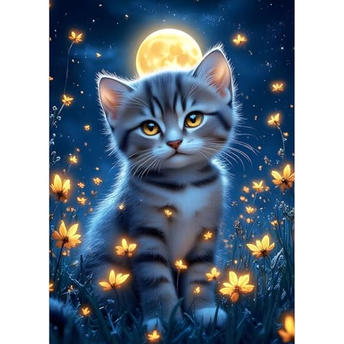 QQYRHN 5D Niedliche Katze Diamond Painting Kit für Erwachsene Anfänger Wildblumen Diamant Kunst Kits Vollständiges DIY Mondnacht Diamantstickerei-Set Perfekt zur Entspannung und Dekoration 30x40 cm von QQYRHN