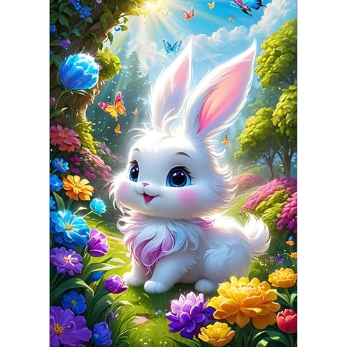 QQYRHN 5D Niedlicher weißer Hase Diamond Painting Kit für Erwachsene Anfänger Blumen Diamant Kunst Kits Vollständiges DIY Kaninchen Diamantstickerei-Set Perfekt zur Entspannung und Dekoration 30x40 cm von QQYRHN