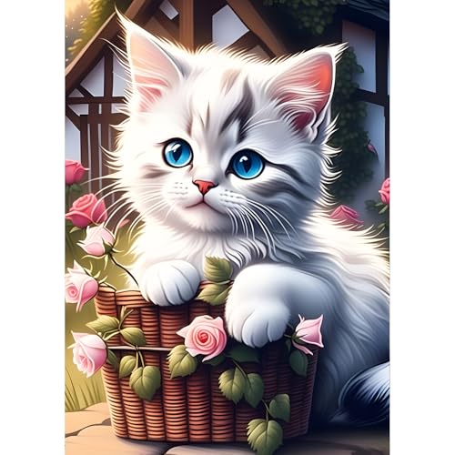 QQYRHN 5D Niedliches Kätzchen Diamond Painting Kit für Erwachsene Anfänger Rose Blumen Diamant Kunst Kits Vollständiges DIY Katze Diamantstickerei-Set Perfekt zur Entspannung und Dekor 30x40 cm von QQYRHN