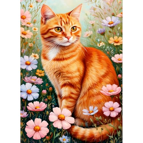 QQYRHN 5D Orangefarbene Katze Diamond Painting Kit für Erwachsene Anfänger Wildblumen Diamant Kunst Kits Vollständiges DIY Kätzchen Diamantstickerei-Set Perfekt zur Entspannung und Dekor 30x40 cm von QQYRHN