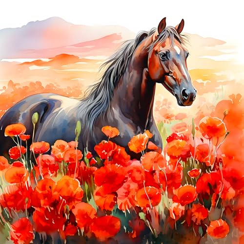 QQYRHN 5D Pferd Blumen Diamond Painting Kit für Erwachsene Anfänger Mohnblumen Diamant Kunst Kits Vollständiges DIY Fantasie Diamantstickerei-Set Perfekt zur Entspannung und Dekoration 30x30 cm von QQYRHN