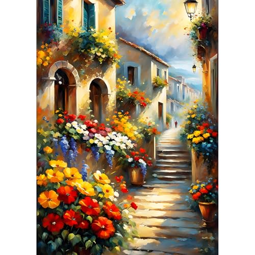 QQYRHN 5D Retro Straße Diamond Painting Kit für Erwachsene Anfänger Bunte Blumen Diamant Kunst Kits Vollständiges DIY Haus Diamantstickerei-Set Perfekt zur Entspannung und Dekoration 30x40 cm von QQYRHN