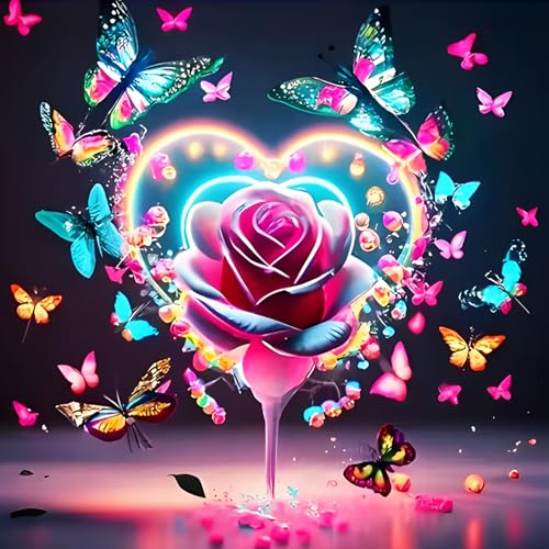 QQYRHN 5D Rose Blumen Diamond Painting Kit für Erwachsene Anfänger Liebe Diamant Kunst Kits Vollständiges DIY Schmetterling Diamantstickerei-Set Perfekt zur Entspannung und Dekoration 30x30 cm von QQYRHN