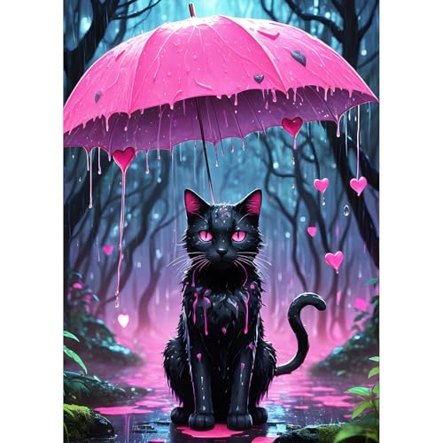 QQYRHN 5D Schwarze Katze Diamond Painting Kit für Erwachsene Anfänger Regenschirm Diamant Kunst Kits Vollständiges DIY Kätzchen Diamantstickerei-Set Perfekt zur Entspannung und Dekoration 30x40cm von QQYRHN