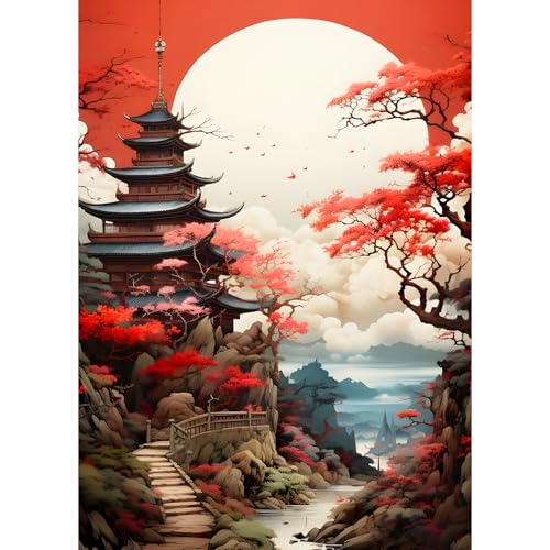 QQYRHN 5D Sonnenaufgang Diamond Painting Kit für Erwachsene Anfänger Pagode Diamant Kunst Kits Vollständiges DIY Chinesischer Stil Diamantstickerei-Set Perfekt zur Entspannung und Dekoration 30x40 cm von QQYRHN