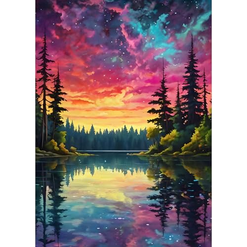 QQYRHN 5D Sonnenuntergang Diamond Painting Kit für Erwachsene Anfänger Spiegelung Diamant Kunst Kits Vollständiges DIY Wald Diamantstickerei-Set Perfekt zur Entspannung und Dekoration 30x40 cm von QQYRHN