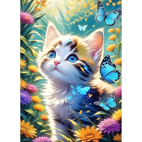 QQYRHN 5D Süße Katze Diamond Painting Kit für Erwachsene Anfänger Schmetterling Diamant Kunst Kits Vollständiges DIY Blumen Diamantstickerei-Set Perfekt zur Entspannung und Dekoration 30x40 cm von QQYRHN