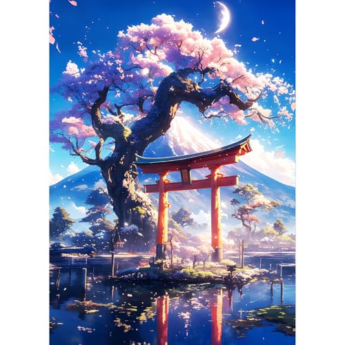 QQYRHN 5D Torii-Tor Diamond Painting Kit für Erwachsene Anfänger Berg Fuji Vulkan Diamant Kunst Kits Vollständiges DIY Kirschblüte Diamantstickerei-Set Perfekt zur Entspannung und Dekor 30x40 cm von QQYRHN