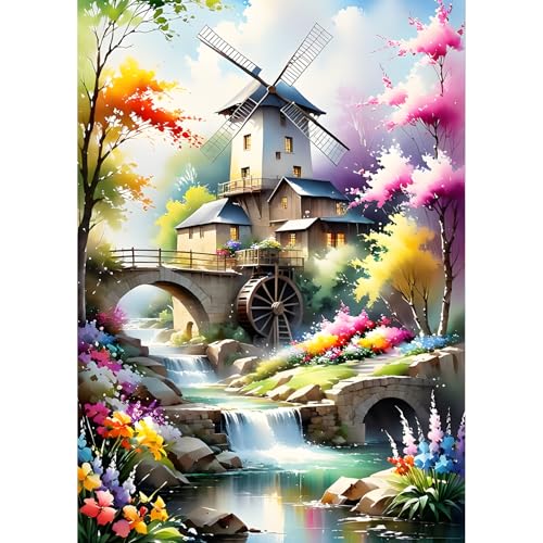 QQYRHN 5D Windmühle Diamond Painting Kit für Erwachsene Anfänger Fluss Diamant Kunst Kits Vollständiges DIY Landschaft Diamantstickerei-Set Perfekt zur Entspannung und Dekoration 30x40 cm von QQYRHN