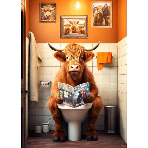 QQYRHN 5D Zeitung Lesende Kuh Diamond Painting Kit für Erwachsene Anfänger Toilette Diamant Kunst Kits Vollständiges DIY Badezimmer Diamantstickerei-Set Perfekt zur Entspannung und Dekoration 30x40 cm von QQYRHN