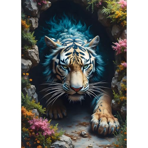 QQYRHN Angry Tiger Diamond Painting Kits for Beginners Adults,5D Tiger Diamond Art Kits, DIY Round Full Drill Flowers Diamond Gem Art with Painting Kits for Home Wall Decor 12x16 Inch von QQYRHN