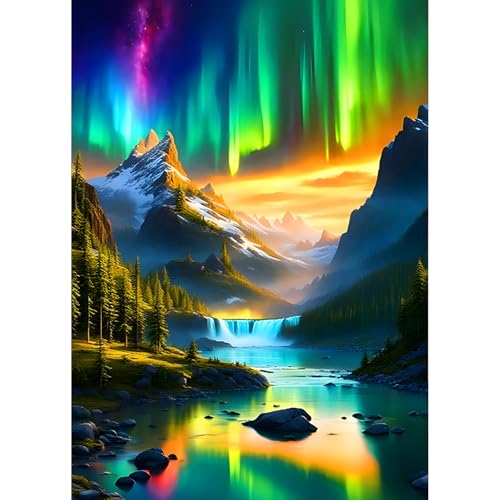 QQYRHN Aurora Borealis Diamond Painting Kits for Beginners Adults,5D Mountains Diamond Art Kits, DIY Round Full Drill Diamond Dots Diamond Gem Art with Painting Kits for Home Wall Decor 12x16 Inch von QQYRHN