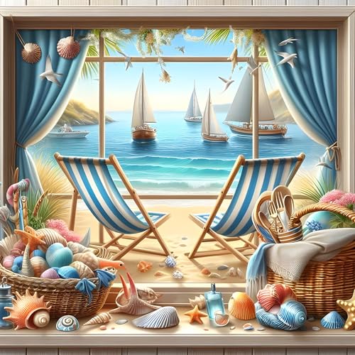 QQYRHN 5D Strandkorb Diamond Painting Kit für Erwachsene Anfänger Meereslandschaft Diamant Kunst Kits Vollständiges DIY Segelboot Diamantstickerei-Set Perfekt zur Entspannung und Dekoration 30x30 cm von QQYRHN