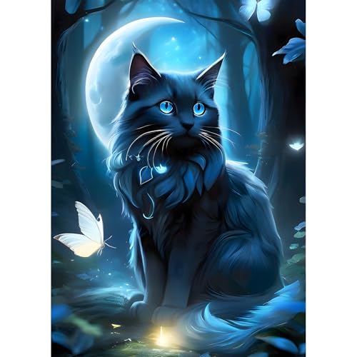 QQYRHN Black cat Diamond Painting Kits for Adults Beginners, 5D Moonnight Diamond Art Kits, DIY Round Full Drill Kitten Gem Art with Painting Kits for Home Wall Decor 12x16 Inch von QQYRHN