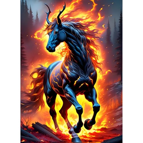 QQYRHN Burning Horse Diamond Painting Kits for Beginners Adults,5D Fire Diamond Art Kits, DIY Round Full Drill Diamond Dots Horse Diamond Gem Art with Painting Kits for Home Wall Decor 12x16 Inch von QQYRHN