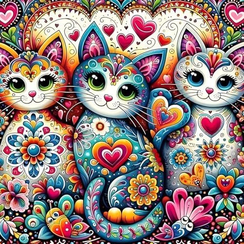 QQYRHN Cartoon Cat Diamond Painting Kits for Beginners Adults,5D Kitten Diamond Art Kits, DIY Flowers Round Full Drill Diamond Dots Diamond Gem Art with Painting Kits for Home Wall Decor 12x12 Inch von QQYRHN