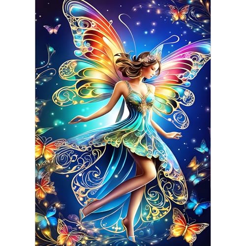 QQYRHN Fairy Diamond Painting Kits for Beginners Adults,5D Butterfly Diamond Art Kits, DIY Fantasy Round Full Drill Diamond Dots Diamond Gem Art with Painting Kits for Home Wall Decor 12x16 Inch von QQYRHN