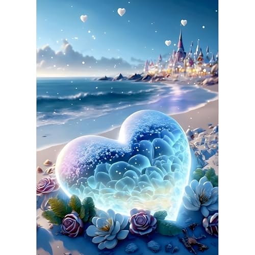 QQYRHN Heart Love Diamond Painting Kits for Beginners Adults,5D Sandy Beach Diamond Art Kits, DIY Round Full Drill Diamond Dots Diamond Gem Art with Painting Kits for Home Wall Decor 12x16 Inch von QQYRHN