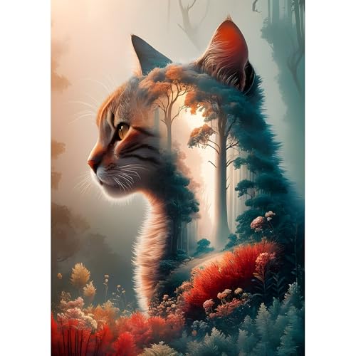 QQYRHN Kitten Diamond Painting Kits for Adults Beginners, 5D Forest Diamond Art Kits, DIY Round Full Drill Fantasy Cat Gem Art with Painting Kits for Home Wall Decor 12x16 Inch von QQYRHN