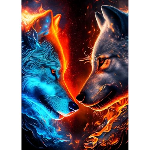 QQYRHN Two Wolves Diamond Painting Kits for Beginners Adults,5D Wolf Diamond Art Kits, DIY Round Full Drill Diamond Dots Ice and Fire Diamond Gem Art with Painting Kits for Home Wall Decor 12x16 Inch von QQYRHN