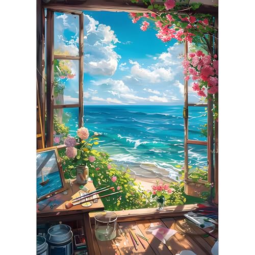 QQYRHN Window Diamond Painting Kits for Beginners Adults,5D Sea View Diamond Art Kits, DIY Round Full Drill Flowers Diamond Dots Diamond Gem Art with Painting Kits for Home Wall Decor 12x16 Inch von QQYRHN