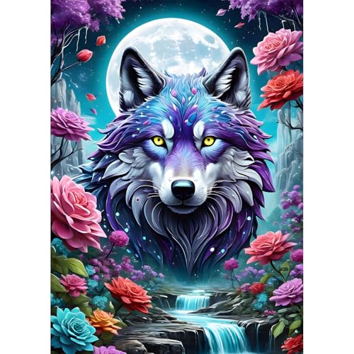 QQYRHN Wolf Diamond Painting Kits for Beginners Adults,5D Moon Diamond Art Kits, DIY Round Full Drill Flowers Diamond Dots Wolf Diamond Gem Art with Painting Kits for Home Wall Decor 12x16 Inch von QQYRHN