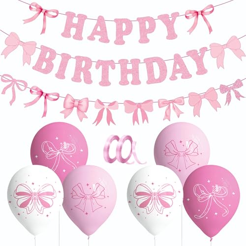 QRTDXP Rosa Schleife Happy Birthday Banner und 6 Luftballons, rosa Girlande, Party-Dekorationsset für Mädchen oder Frauen QRTDXP Rosa Schleife Happy Birthday Banner und 6 Luftballons, rosa Girlande, Party-Dekorationsset für Mädchen oder Frauen von QRTDXP