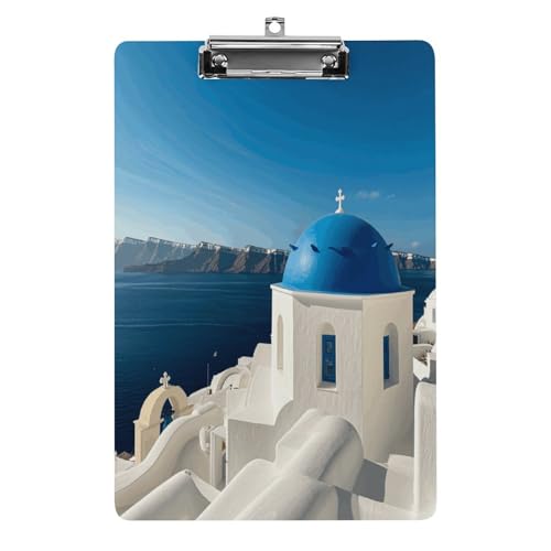 Acryl-Klemmbrett, 32,5 x 21,6 cm, transparent, hält 100 Blatt, lustige Santorini-Insel-Meeresblick-Druck, flaches Profil-Clip für Büro, Restaurant von QSKDLAC