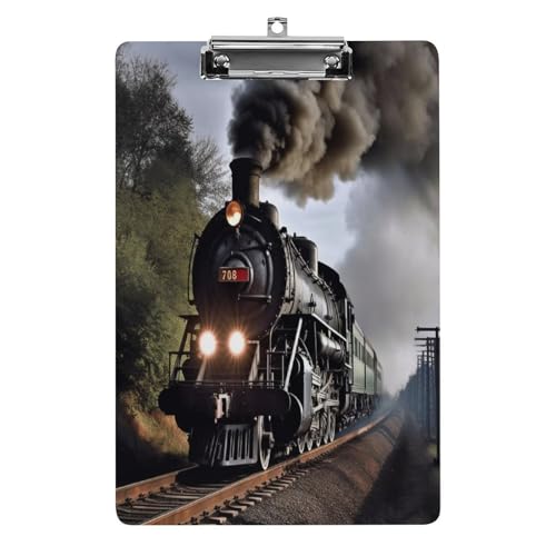 Acryl-Klemmbrett, 32,5 x 21,6 cm, transparent, hält 100 Blatt, lustiger Dampfzugdruck, flaches Profil, Clip für Büro, Restaurant von QSKDLAC