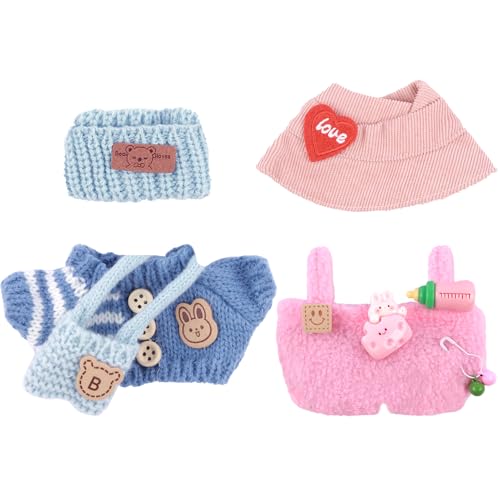 Kleidung für Labubu, 5-teiliges Zubehör für Labubu, 17 cm, 2 Sets Outfits Strickmütze + T-Shirt + Tasche, Puppen-Sonnenhut + Latzhose (ohne Puppe) von QSKJJI