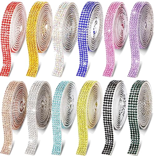 QSLKI 12 Rollen Strassband Selbstklebend, Kristall Strass Diamant Band, Glitzerband Diamantband Selbstklebend, Deko Strasssteine Band Glitzersteine für DIY Hochzeit Geburtstag Kunsthandwerk (Stil 1) von QSLKI