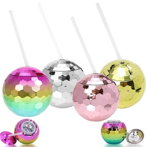 QSLKI 4Pcs Discokugel-Becher mit Deckel, Weinglas, Bar, Cocktailbecher, glitzernd, Disco-Flash-Ball, Partyzubehör für Disco-Bar, Party, Wein, Trinken, Sirup, Tee-Flasch (4color) von QSLKI