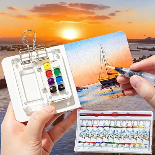 QSLKI 5PCS Reise Aquarell Paletten Set, 12 Farben, Mini Aquarell Set, 8 Grids Holz Mini Palette, Reise Aquarellfarben Set, Aquarell Reise Set, Magnetischer Befestigungsdeckel, Faltbare Holzpalette von QSLKI
