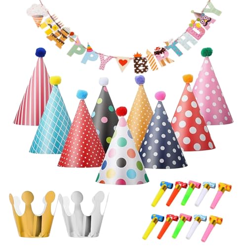 QSZHSL 22 Stück Partyhüte Geburtstag Set, Papier Krone Hut Party Kegel Hüte Kindergeburtstag Tröte, Party Hüte zum Geburtstag mit Pompons, Für Familienfeiern Für Kinder und Erwachsene (22 Stück) QSZHSL 22 Stück Partyhüte Geburtstag Set, Papier Krone Hut Party Kegel Hüte Kindergeburtstag Tröte, Party Hüte zum Geburtstag mit Pompons, Für Familienfeiern Für Kinder und Erwachsene (22 Stück) von QSZHSL