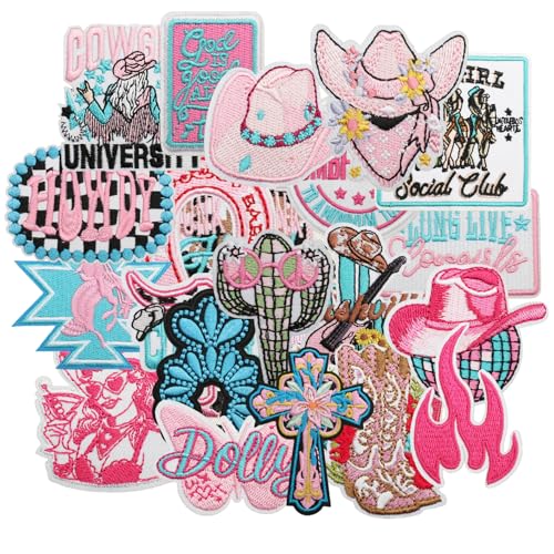 Western-Aufnäher zum Aufbügeln, lustig, rosa, niedliches Cowgirl-Aufnähen, bestickte Applikation, Western-Cowgirl-Stickerei, Reparatur, dekorative Flicken zum Basteln, Nähen, für Kleidung, Jacken von QSZKeer