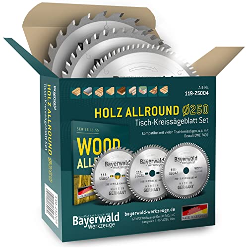 Bayerwald Kreissägeblatt Set Ø250 (3 tlg.) - für Holz Längs & Querschnitte Allround - geeignet für Tischkreissägen von Bosch, Metabo, Scheppach, Festool uvm. - z.B. für Dewalt DWE 7492 von QUALITÄT AUS DEUTSCHLAND Bayerwald Werkzeuge